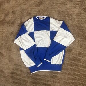Cotton Traders Sweater Mens Large Blue White Good Colorblock Checkerboard Knit